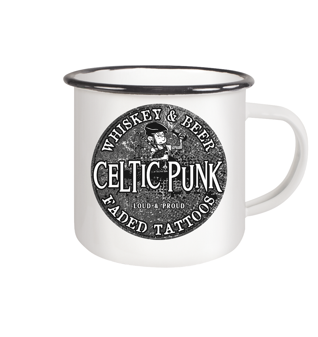 Celtic Punk "Whiskey, Beer & Faded Tattoos" - Emaille Tasse (Black)