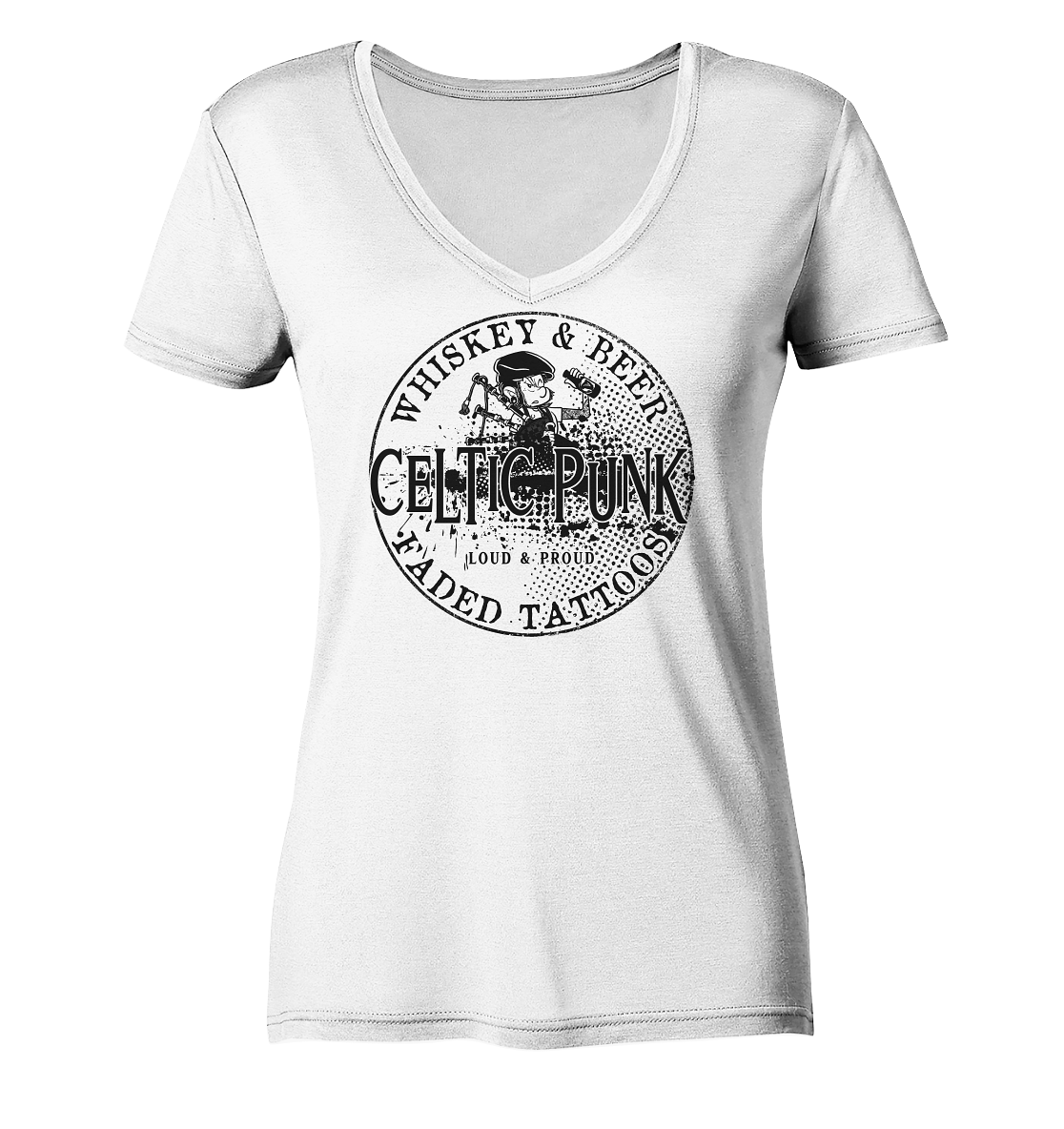 Celtic Punk "Whiskey, Beer & Faded Tattoos" - Ladies V-Neck Shirt