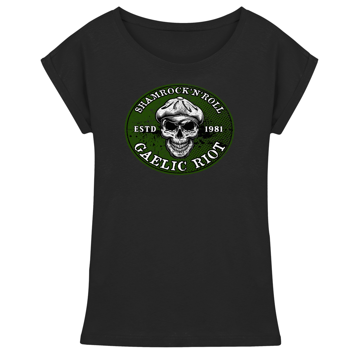 Shamrock And Roll "Skull / Gaelic Riot"  - Womens Extended Shoulder T-Shirt