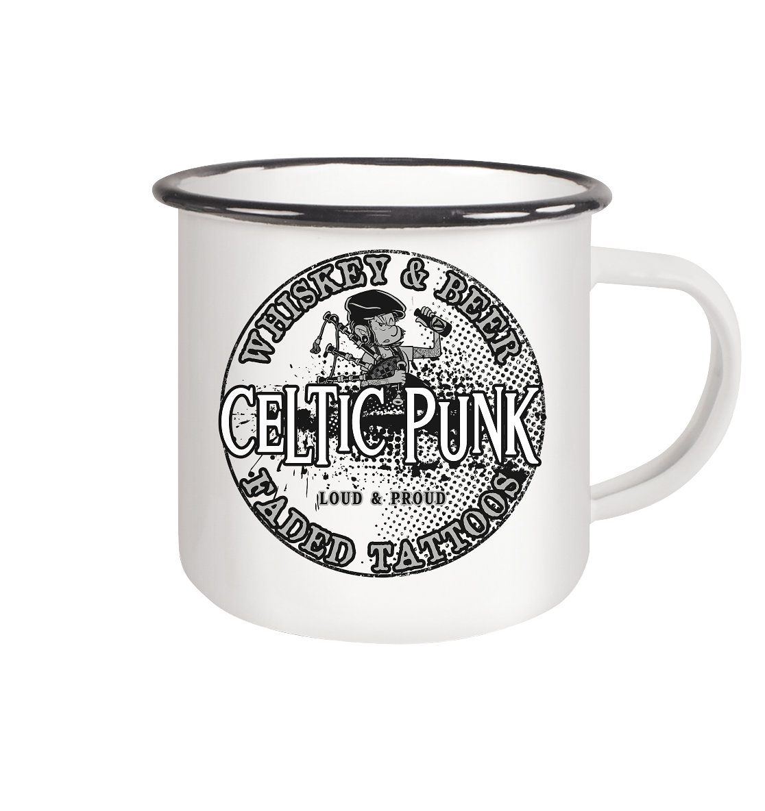 Celtic Punk "Whiskey, Beer & Faded Tattoos" - Emaille Tasse (Black)
