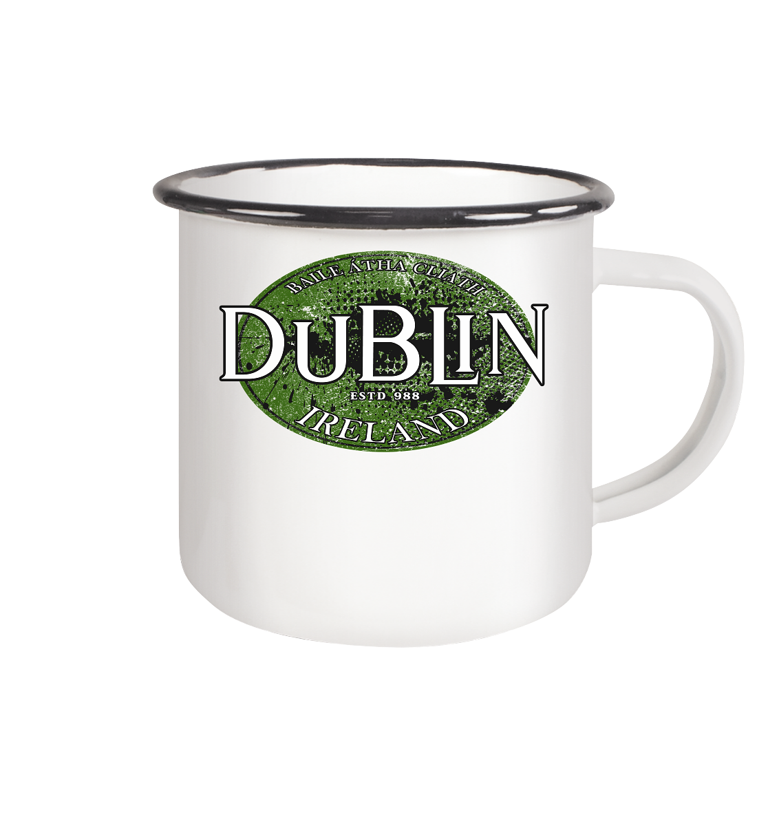 Dublin "Ireland / Baile Átha Cliath / Estd 988" - Emaille Tasse (Black)