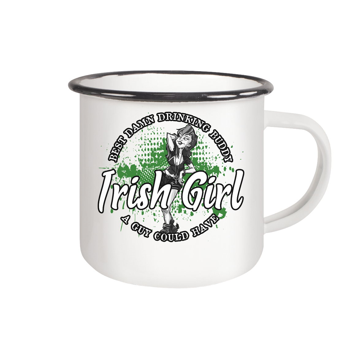 Irish Girl "Drinking Buddy" - Emaille Tasse (Black)