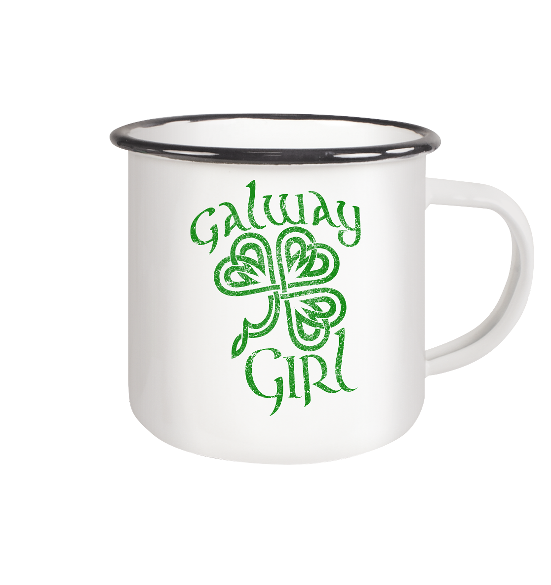 "Galway Girl - Shamrock" - Emaille Tasse (Black)