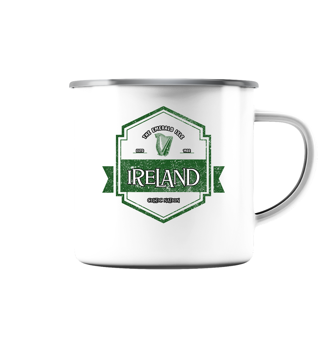 Ireland "The Emerald Isle / Celtic Nation" - Emaille Tasse (Silber)